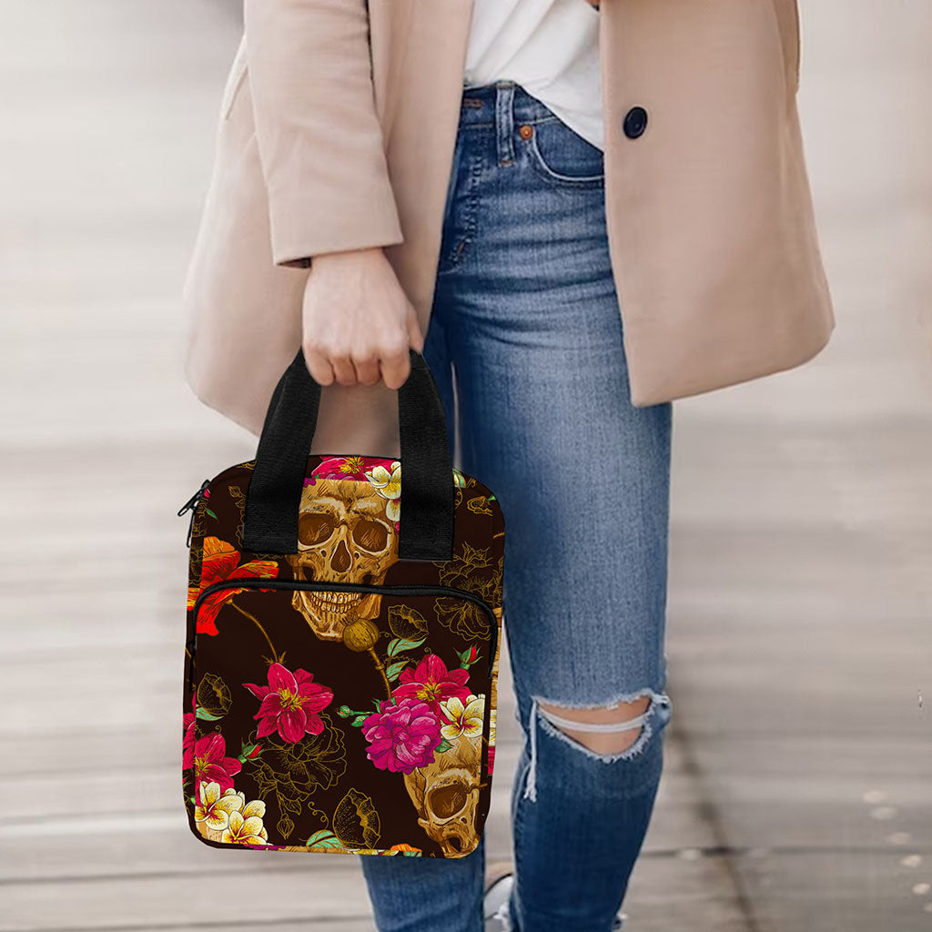 Vintage Flowers Skull Pattern Print Bible Tote Bag
