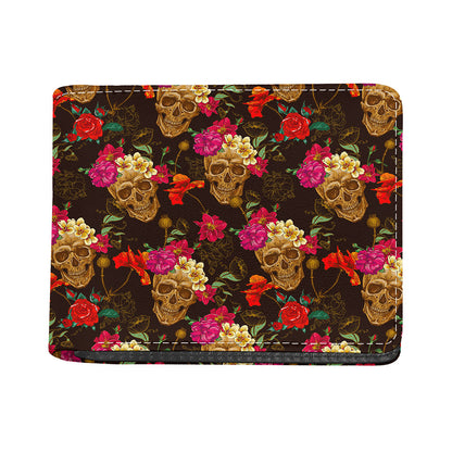 Vintage Flowers Skull Pattern Print Bifold Wallet