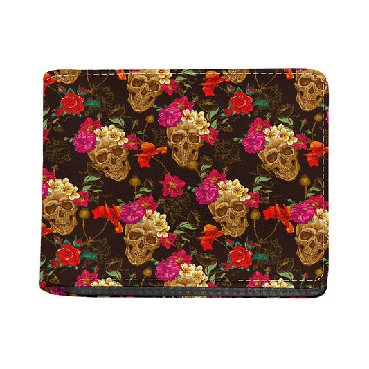 Vintage Flowers Skull Pattern Print Bifold Wallet