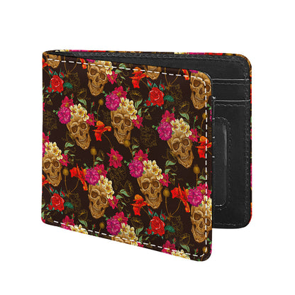 Vintage Flowers Skull Pattern Print Bifold Wallet