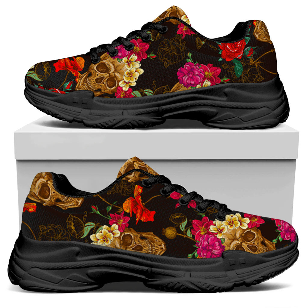 Vintage Flowers Skull Pattern Print Black Chunky Shoes