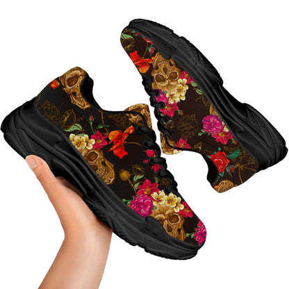 Vintage Flowers Skull Pattern Print Black Chunky Shoes