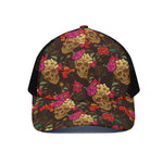 Vintage Flowers Skull Pattern Print Black Mesh Trucker Cap
