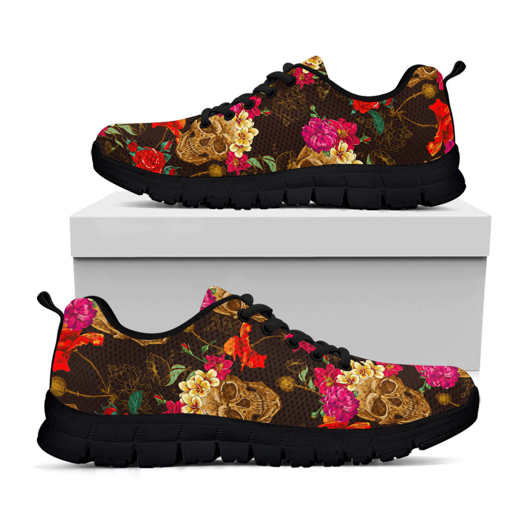 Vintage Flowers Skull Pattern Print Black Running Shoes