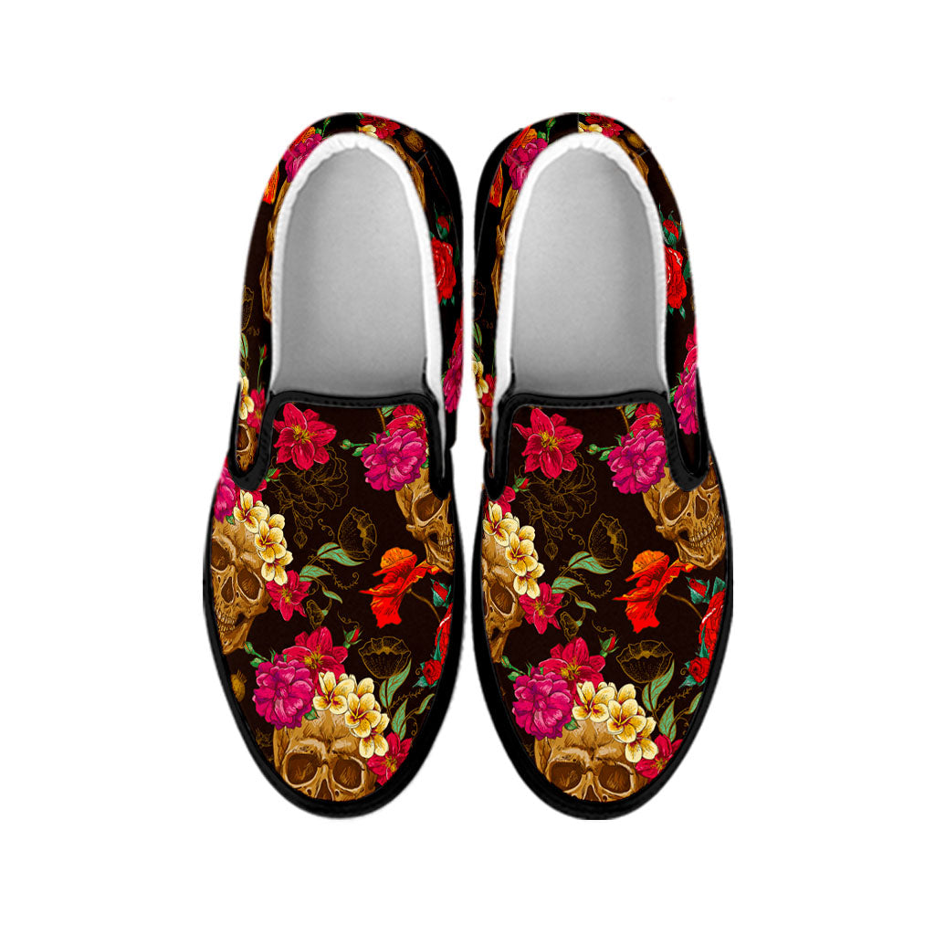 Vintage Flowers Skull Pattern Print Black Slip On Sneakers