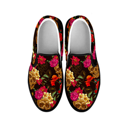 Vintage Flowers Skull Pattern Print Black Slip On Sneakers