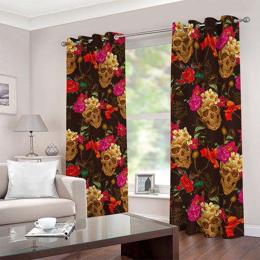 Vintage Flowers Skull Pattern Print Blackout Grommet Curtains