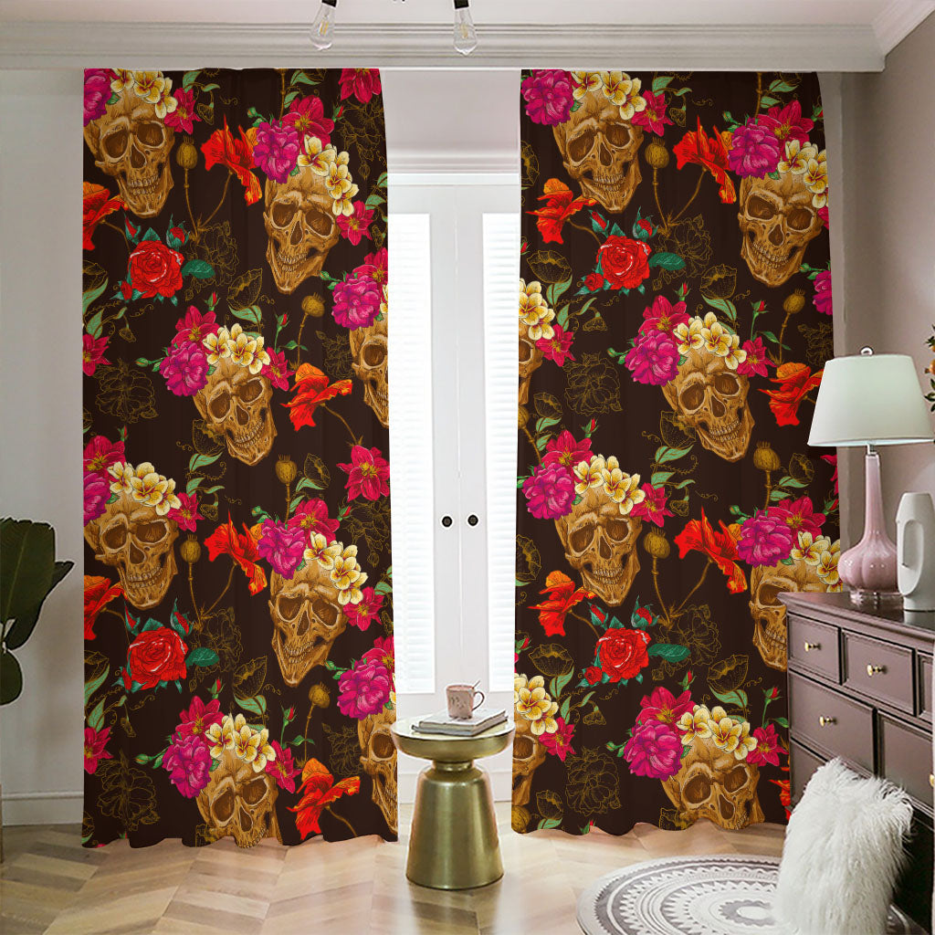 Vintage Flowers Skull Pattern Print Blackout Pencil Pleat Curtains