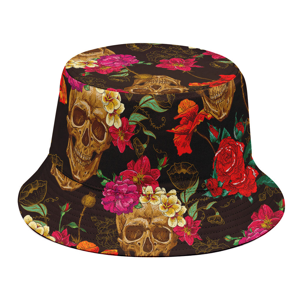 Vintage Flowers Skull Pattern Print Bucket Hat