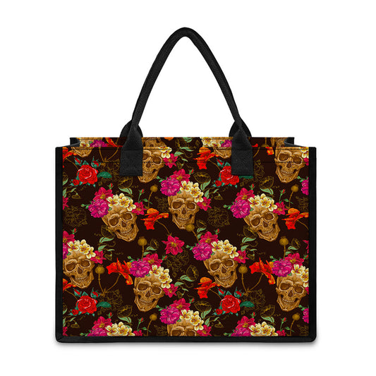 Vintage Flowers Skull Pattern Print Canvas Tote Bag