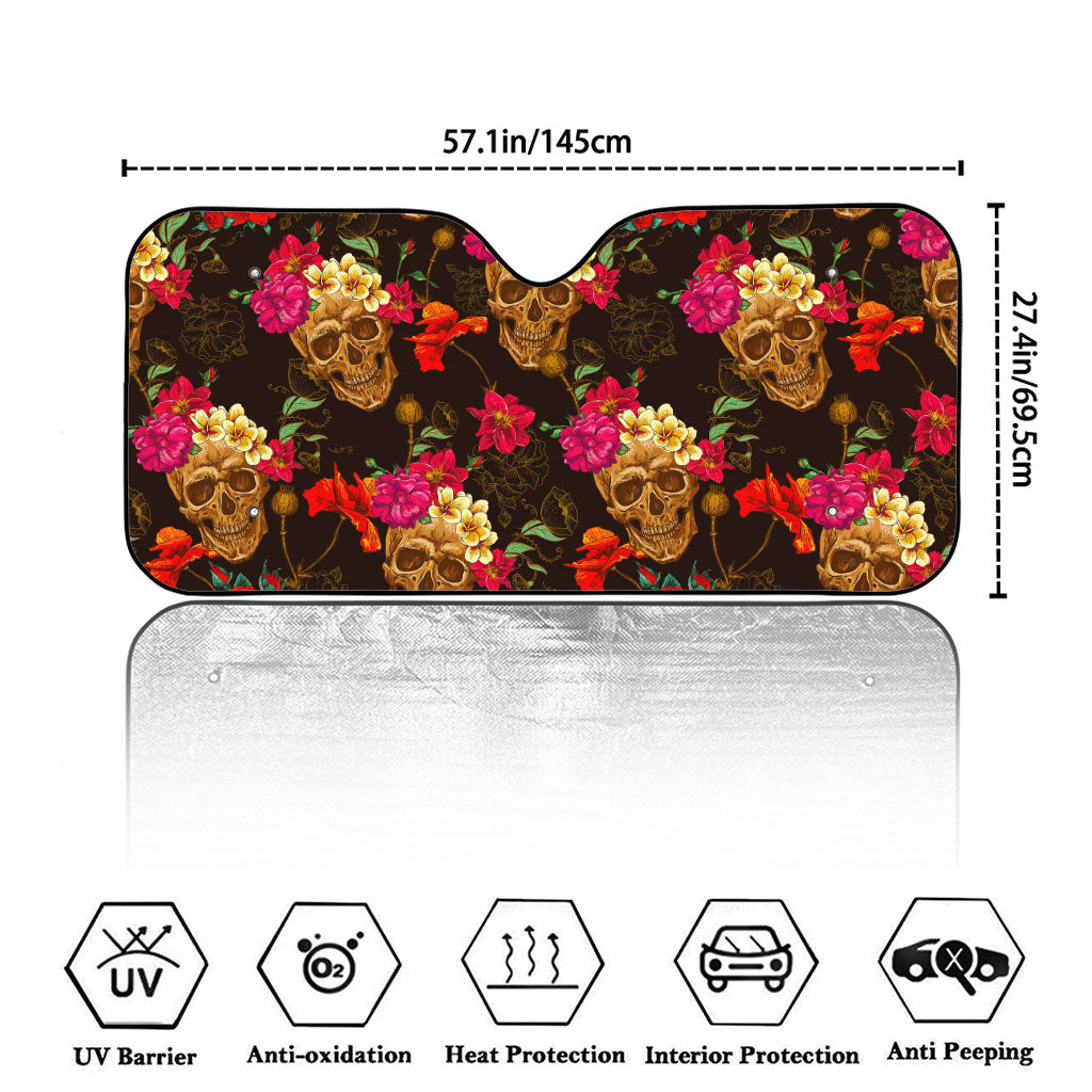 Vintage Flowers Skull Pattern Print Car Windshield Sun Shade