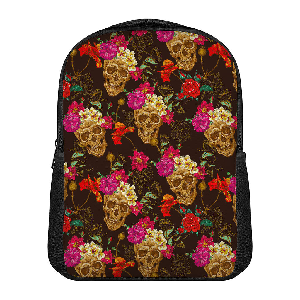 Vintage Flowers Skull Pattern Print Casual Backpack