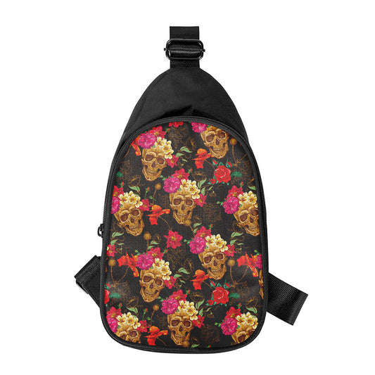 Vintage Flowers Skull Pattern Print Chest Bag