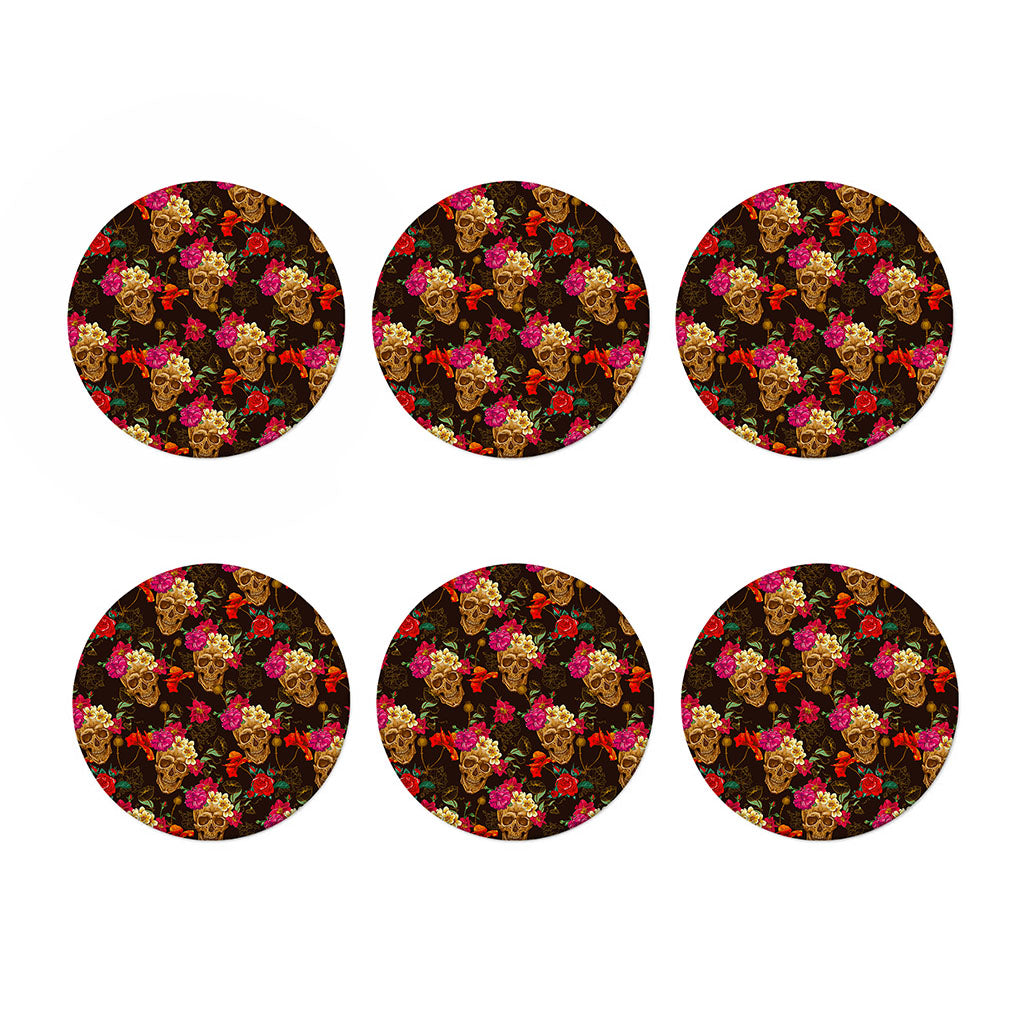 Vintage Flowers Skull Pattern Print Coaster Set