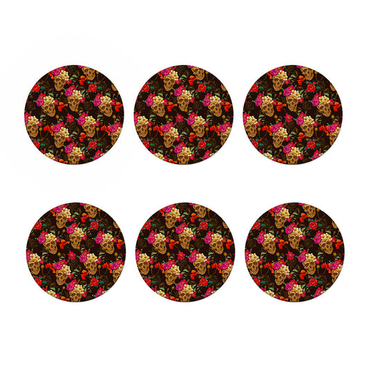 Vintage Flowers Skull Pattern Print Coaster Set