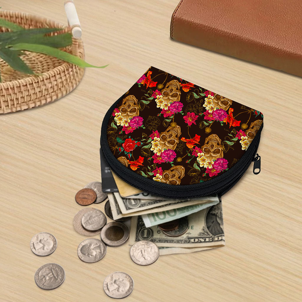 Vintage Flowers Skull Pattern Print Coin Purse