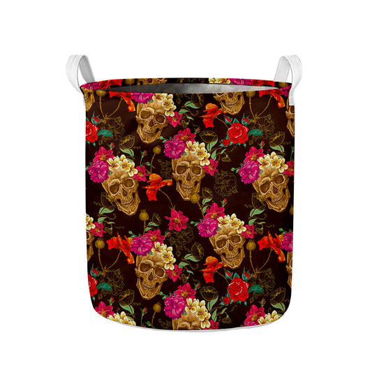 Vintage Flowers Skull Pattern Print Collapsible Laundry Basket