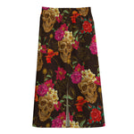 Vintage Flowers Skull Pattern Print Cotton Front Slit Maxi Skirt