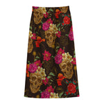 Vintage Flowers Skull Pattern Print Cotton Front Slit Maxi Skirt