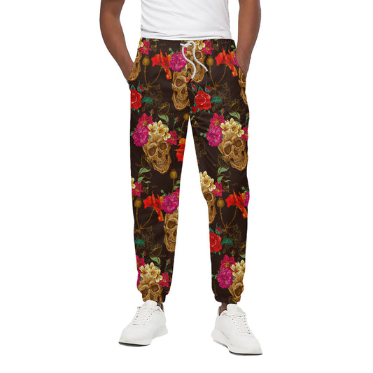 Vintage Flowers Skull Pattern Print Cotton Pants