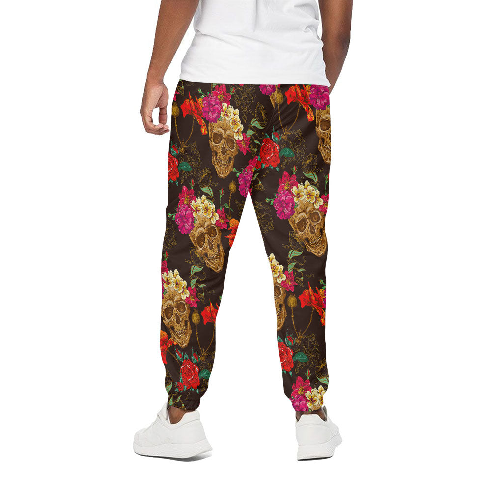 Vintage Flowers Skull Pattern Print Cotton Pants