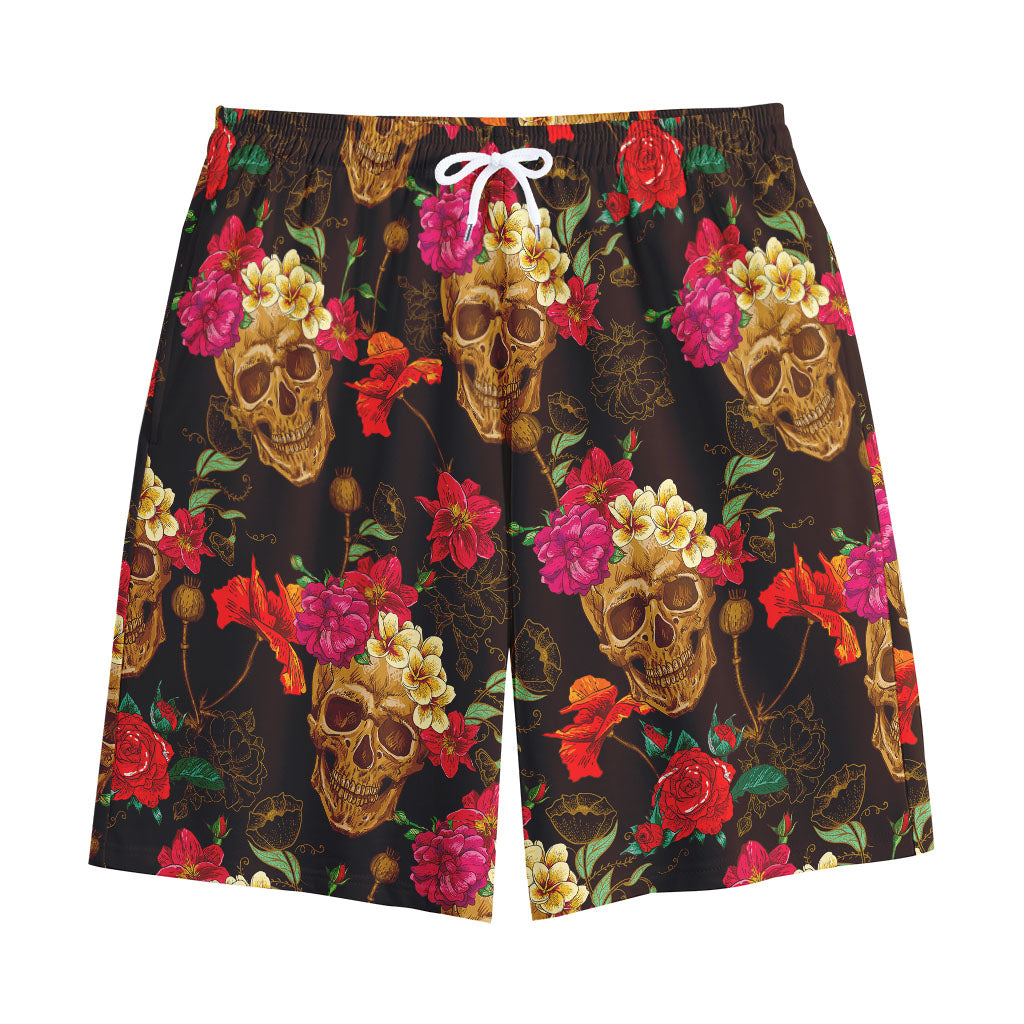 Vintage Flowers Skull Pattern Print Cotton Shorts