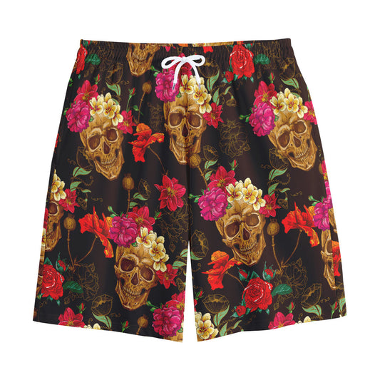 Vintage Flowers Skull Pattern Print Cotton Shorts