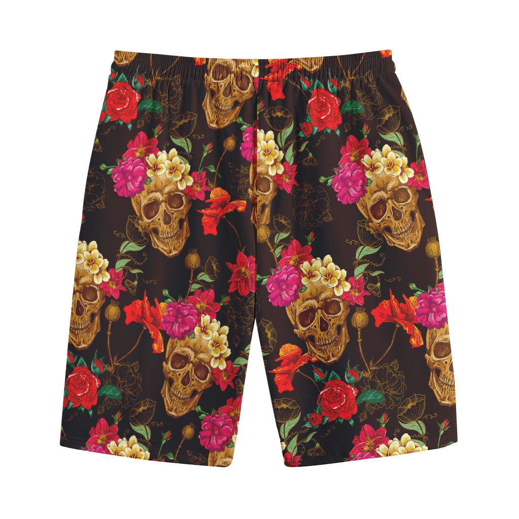 Vintage Flowers Skull Pattern Print Cotton Shorts