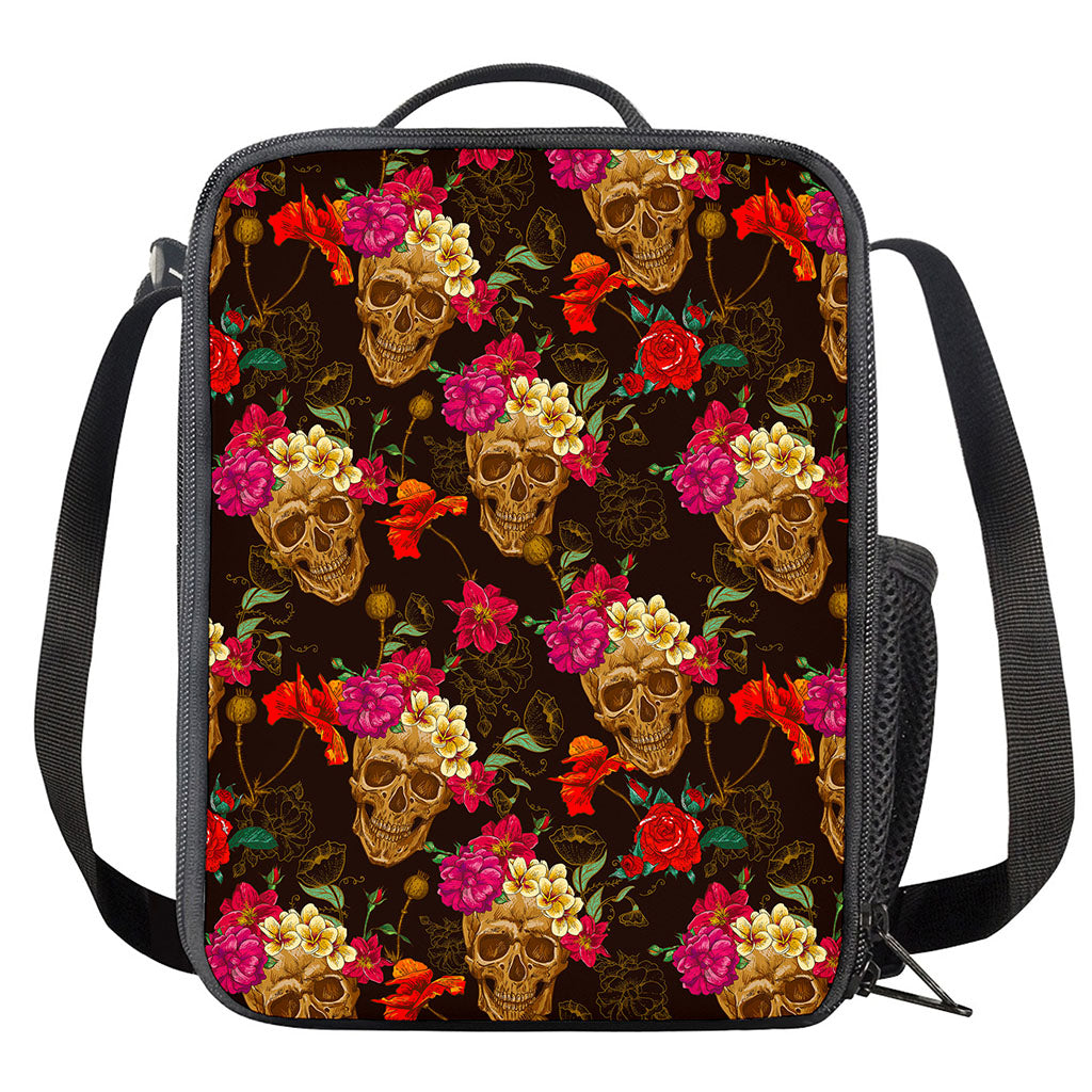 Vintage Flowers Skull Pattern Print Crossbody Lunch Bag
