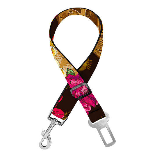 Vintage Flowers Skull Pattern Print Dog Seat Belt