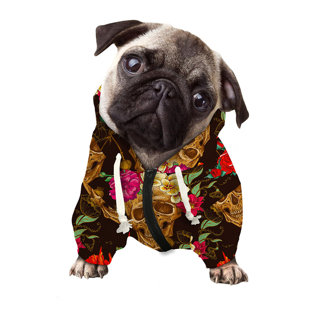 Vintage Flowers Skull Pattern Print Dog Zip Up Hoodie