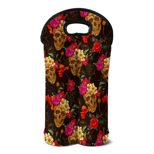 Vintage Flowers Skull Pattern Print Double Neoprene Wine Tote