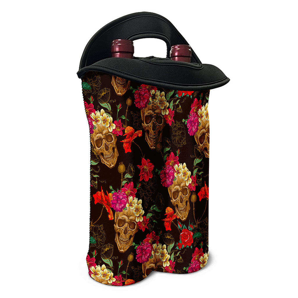 Vintage Flowers Skull Pattern Print Double Neoprene Wine Tote