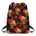 Vintage Flowers Skull Pattern Print Drawstring Backpack