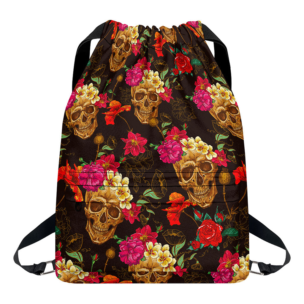 Vintage Flowers Skull Pattern Print Drawstring Backpack