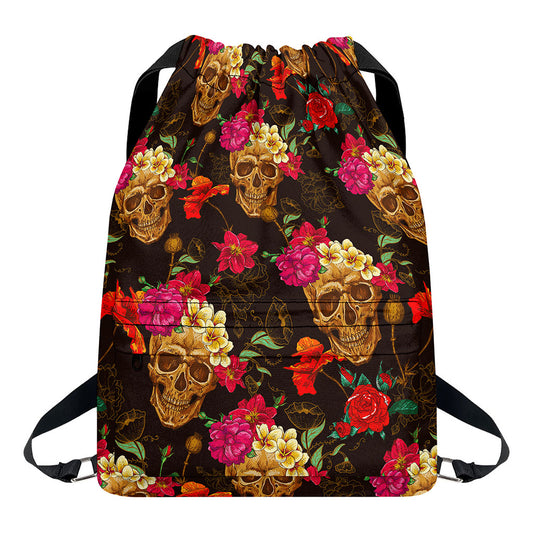 Vintage Flowers Skull Pattern Print Drawstring Backpack