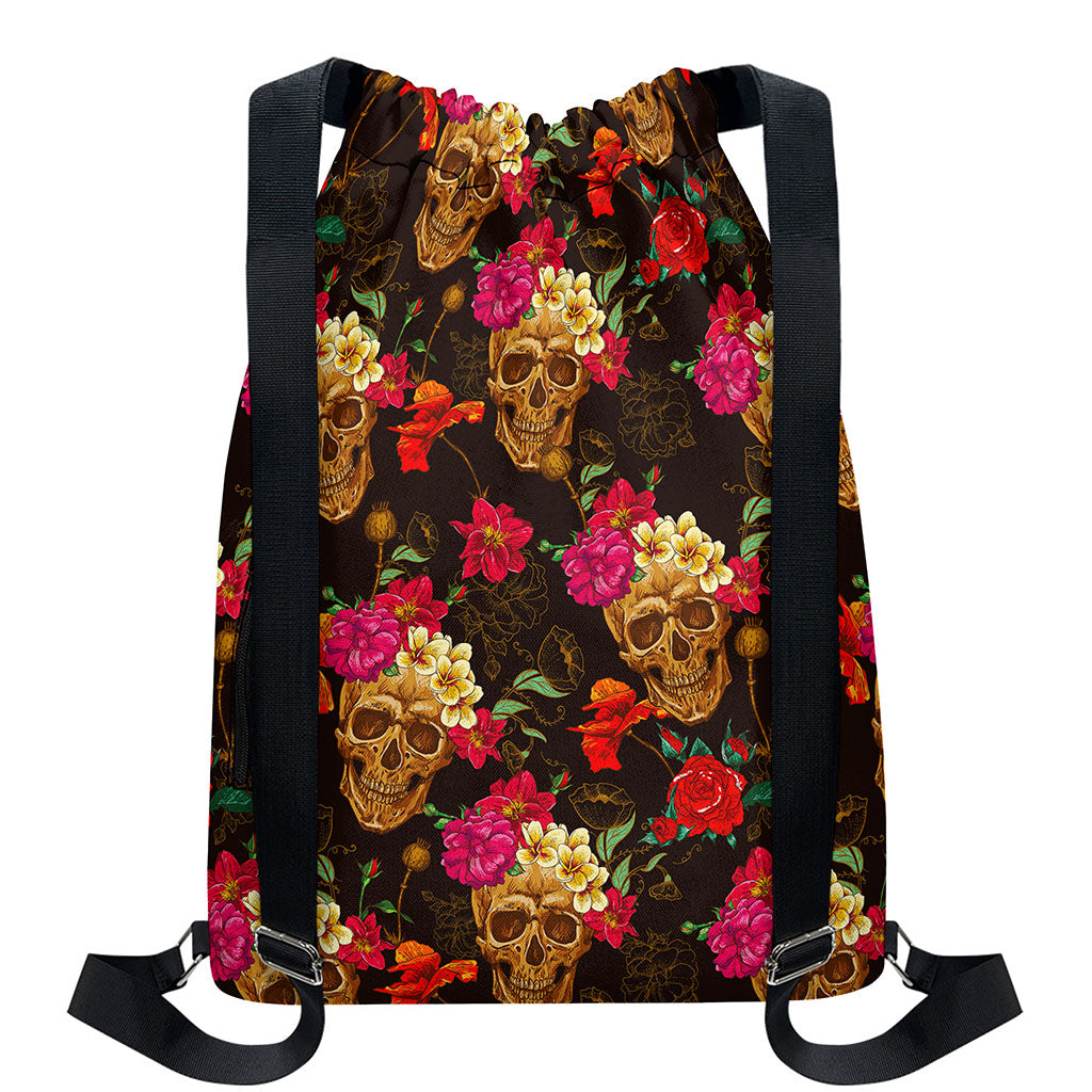 Vintage Flowers Skull Pattern Print Drawstring Backpack