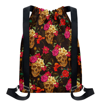 Vintage Flowers Skull Pattern Print Drawstring Backpack