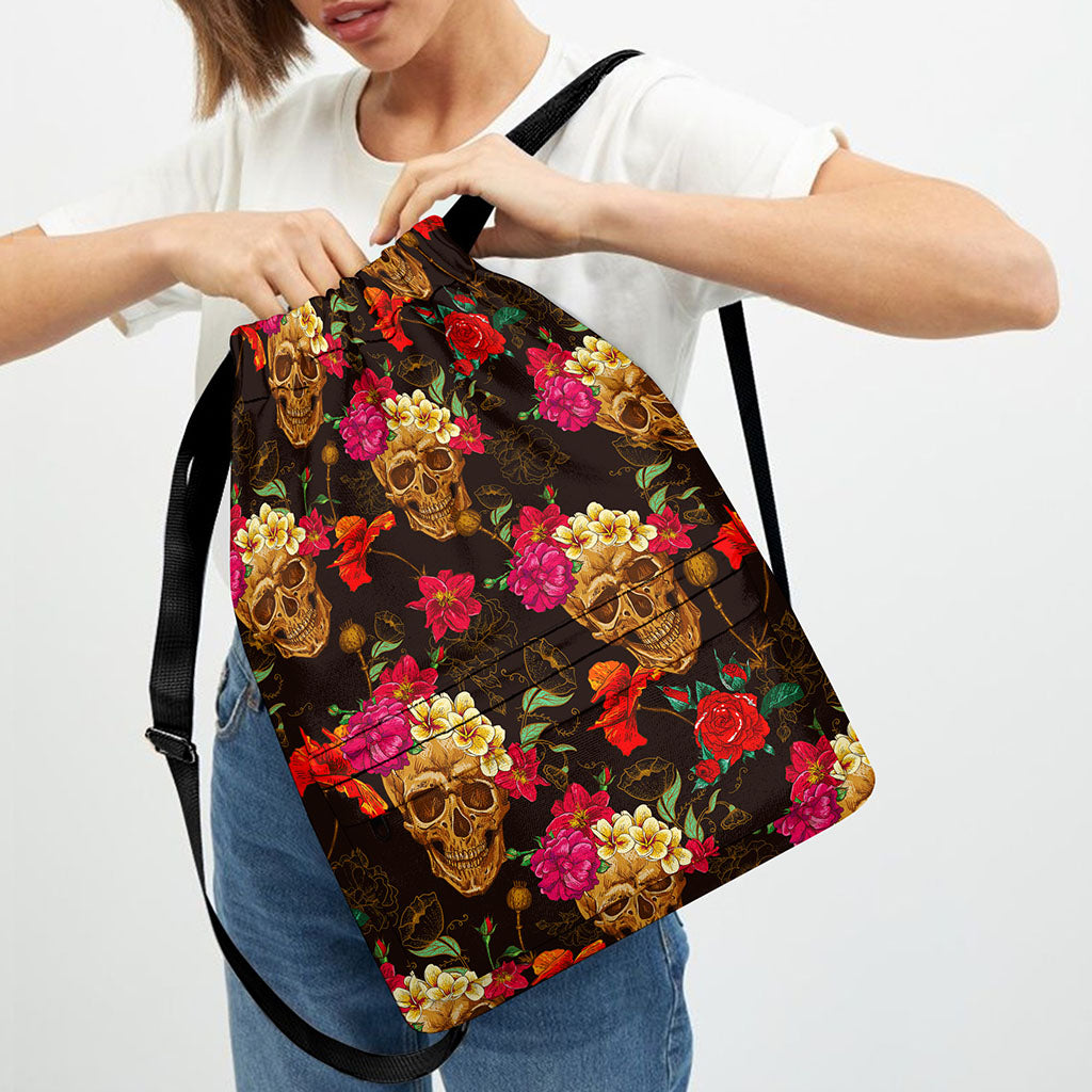Vintage Flowers Skull Pattern Print Drawstring Backpack