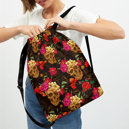 Vintage Flowers Skull Pattern Print Drawstring Backpack