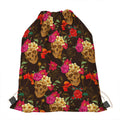 Vintage Flowers Skull Pattern Print Drawstring Bag