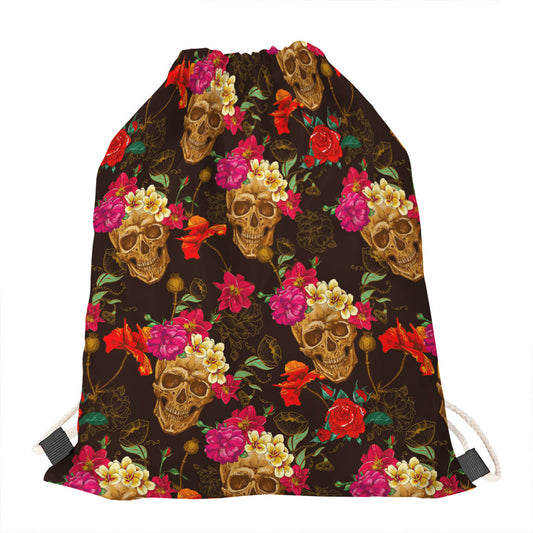 Vintage Flowers Skull Pattern Print Drawstring Bag