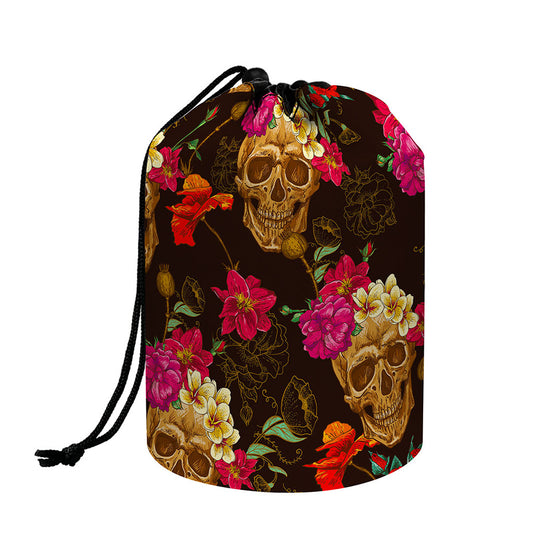 Vintage Flowers Skull Pattern Print Drawstring Makeup Bag
