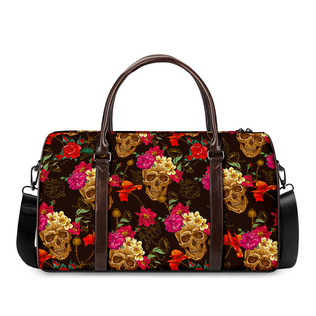 Vintage Flowers Skull Pattern Print Duffle Bag