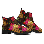 Vintage Flowers Skull Pattern Print Flat Ankle Boots