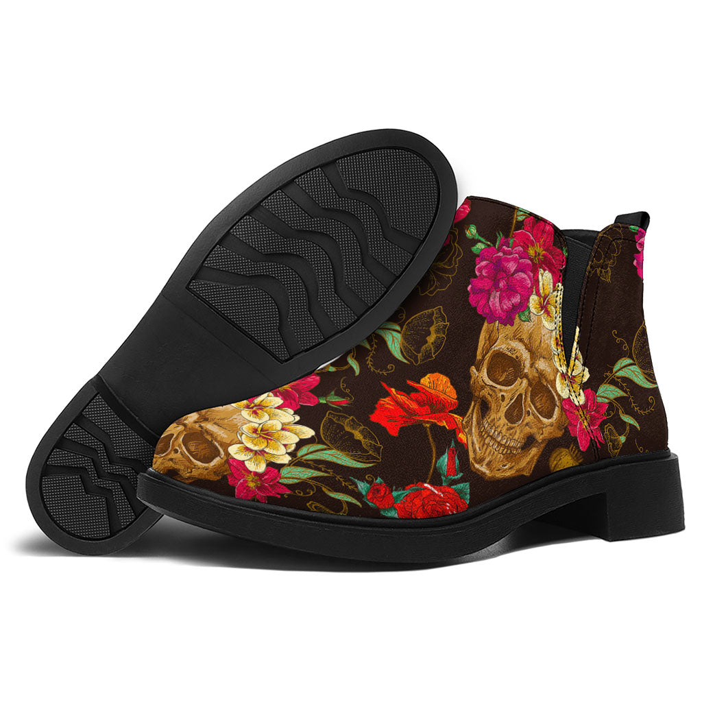 Vintage Flowers Skull Pattern Print Flat Ankle Boots