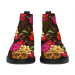 Vintage Flowers Skull Pattern Print Flat Ankle Boots