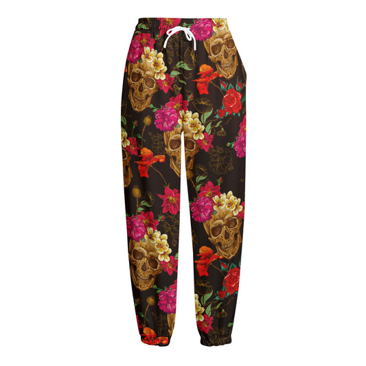 Vintage Flowers Skull Pattern Print Fleece Lined Knit Pants