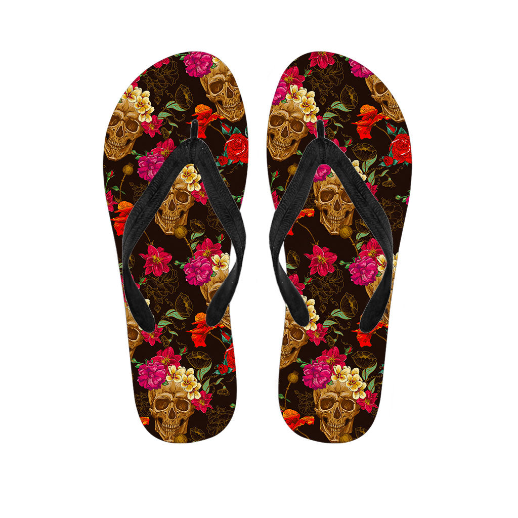 Vintage Flowers Skull Pattern Print Flip Flops