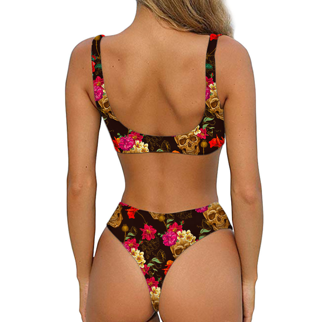Vintage Flowers Skull Pattern Print Front Bow Tie Bikini